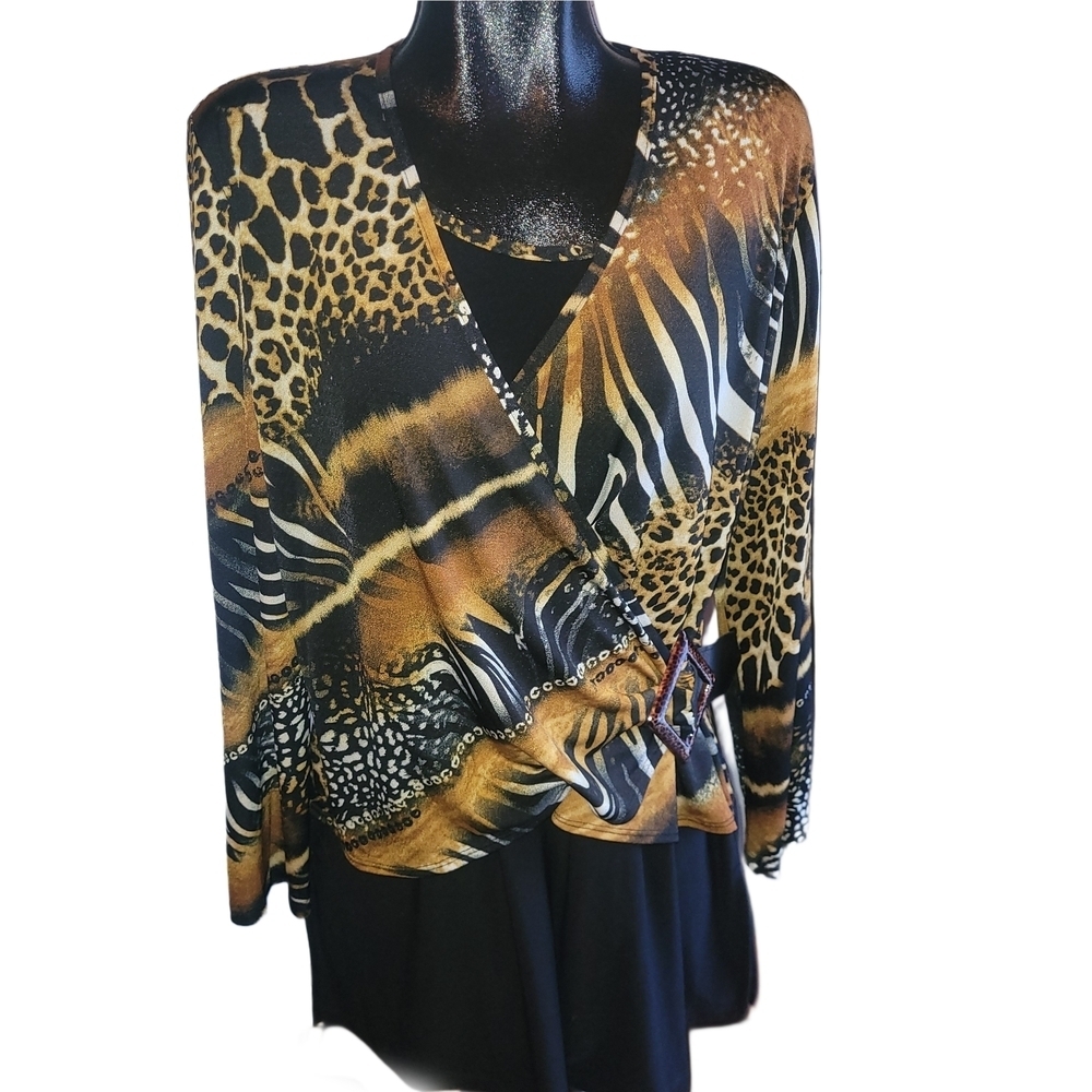 Victoria Collection Animal Print Faux Wrap Long Sleeve Top Size L